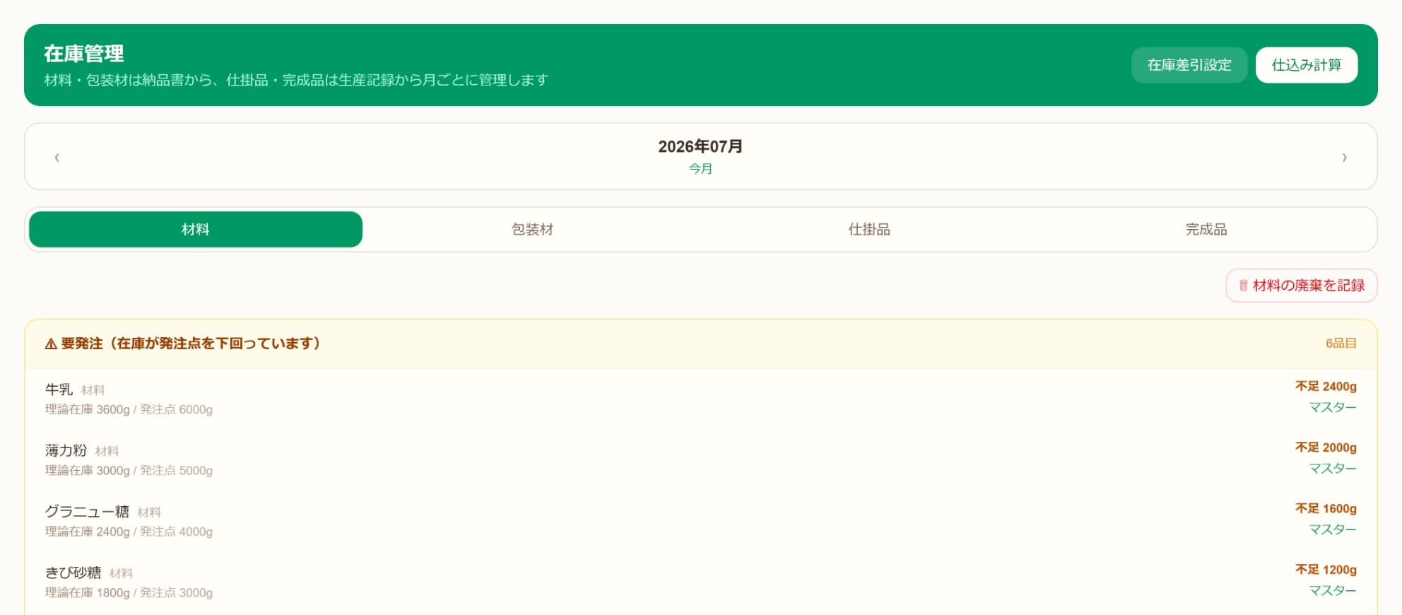 材料の在庫数が一覧で並んでいる画面